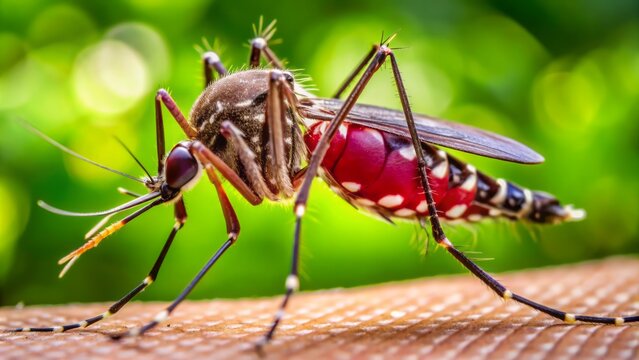 Macro close-up of Aedes aegypti mosquito biting human skin, transmitting viruses causing dengue, zika and chikungunya diseases.