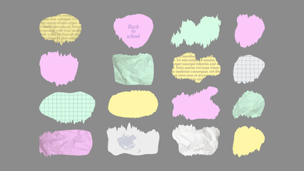 Paper and Elements scrapbooking Old torn crumpled. Different color textures patterns ragged edges imitation of newspaper scraps. Vector illustration.