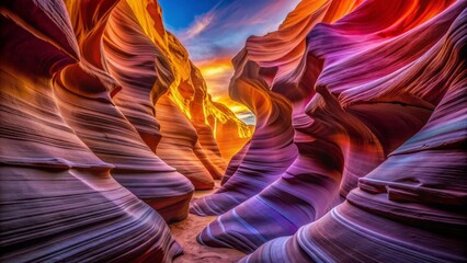 Obraz premium Vibrant orange and purple hues illuminate the undulating canyon walls, showcasing nature's majestic sculpture in the Arizona desert landscape.