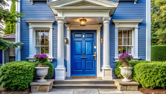Traditional exterior of a charming home featuring a bold blue front door with white trim and ornate hardware details.