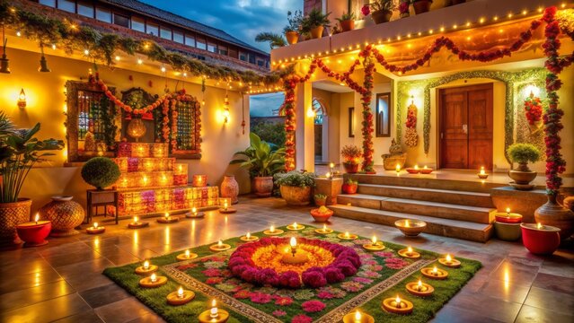 Vibrant Diwali decorations adorn a beautifully lit traditional Indian home, with no people, showcasing festive ambiance and joyful celebration essence.