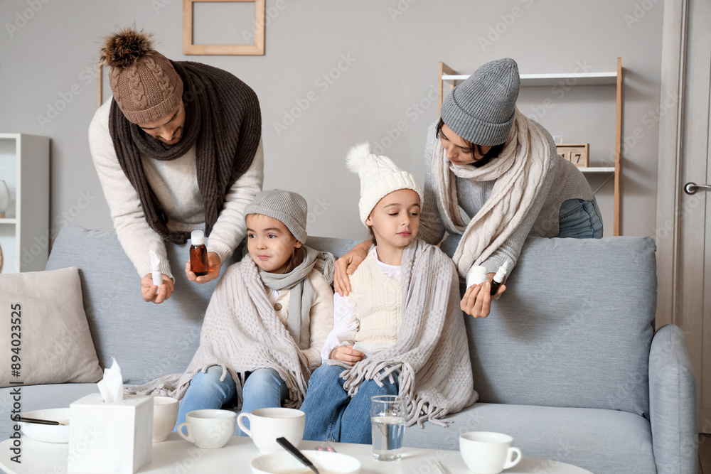 Sticker Parents giving medications to their ill little daughters at home