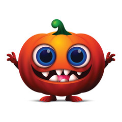Cartoon Pumpkin monster, happy halloween clipart with big bulging eyes, smiling with teeth and fangs