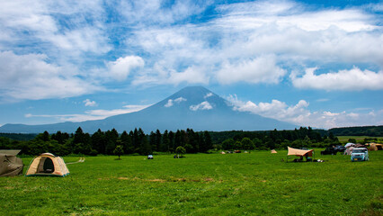 Obraz premium 夏 朝霧高原の風景と富士山の雄姿