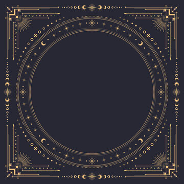 Square celestial frame with borders of mystic gold moon and stars, vector tarot cards, astrology and witchcraft. Golden line boho ornament frame with fantasy constellations, sun and eclipse borders
