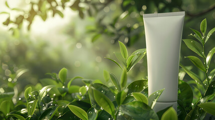 A close-up of  cosmetic tube , surrounded by fresh green tea leaves.