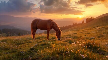 Young hucul horse grazing at sunset in Slovakian mountain pasture