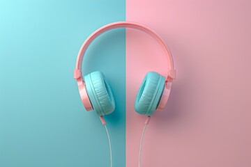 Aesthetic Pink and Blue Headphones on Split Pastel Background.