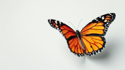 Fototapeta premium Close up of a majestic monarch butterfly in flight beauty of nature and travel inspiration, on a white background