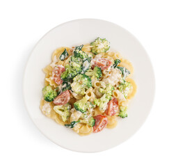 Plate of tasty pasta with broccoli and tomatoes on white background