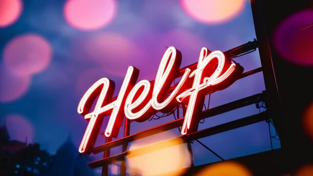 neon sign that reads Help in bright white script against a dark, blurred bokeh background. Addiction, drugs, alcohol. Drug and alcohol withdrawal