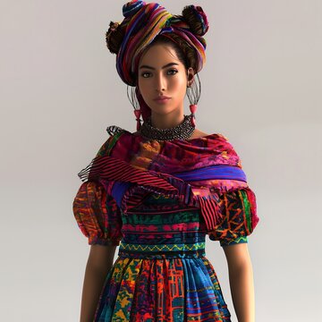 41. "A Guatemalan Maya in traditional woven huipil and a colorful headscarf, depicted in 3D on a white backdrop."
