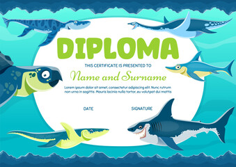 Kids diploma, cartoon water dinosaurs and reptiles certificate vector background frame. School or kindergarten diploma, graduate certificate or award, cute megalodon, kronosaurus and archelon dinos