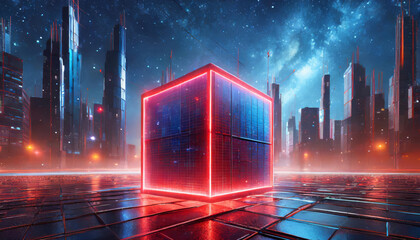 Neon Cube in Futuristic Cityscape, A glowing red neon cube stands in the center of a futuristic cityscape, casting a vibrant glow against a backdrop of towering buildings and a swirling nebula in the 