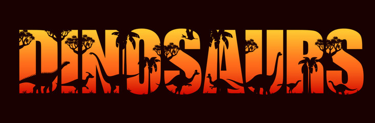 Dinosaurs sunset silhouettes in jungle forest or Jurassic park, vector prehistoric background. Dinosaur lizards with palm trees in letters silhouettes, prehistoric banner with cartoon dino reptiles © Vector Tradition