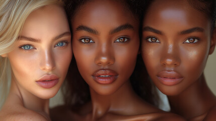 Close-up of diverse beautiful young women with perfect skin, beauty and diversity, skincare, female portrait, glowing skin, diverse models, makeup, natural beauty.