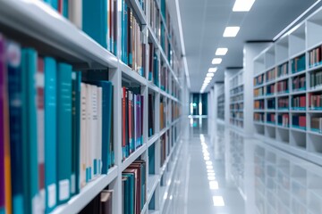 Obraz premium A modern library interior showcasing rows of colorful books and a sleek design, ideal for study and relaxation.