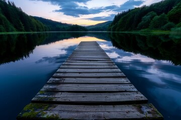 Naklejka premium A serene wooden dock extending into calm waters at sunset, reflecting the vibrant sky and lush greenery around, inviting tranquility.
