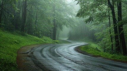 Fototapeta premium Serene misty forest road with lush green foliage