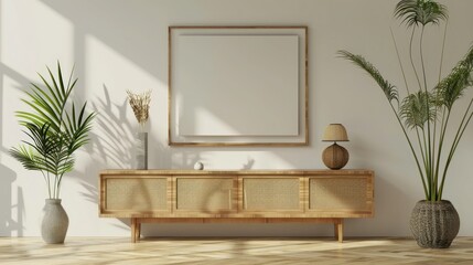 Tropical-style wood TV cabinet mockup with plant and empty center space for product presentation in living room.