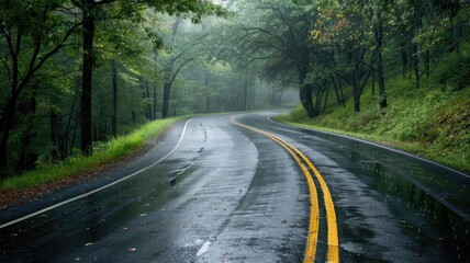 Fototapeta premium Scenic, wet road winds through misty, lush, green forest