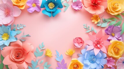 Colorful paper flowers from top view on pastel pink background