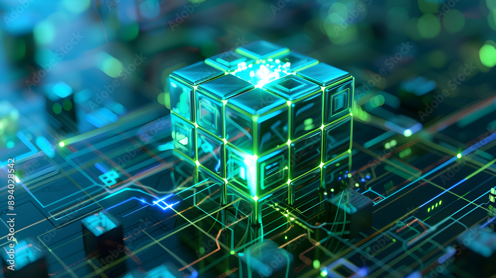 Wall mural a cube made of green electronic components. the cube is surrounded by a black background. the cube i