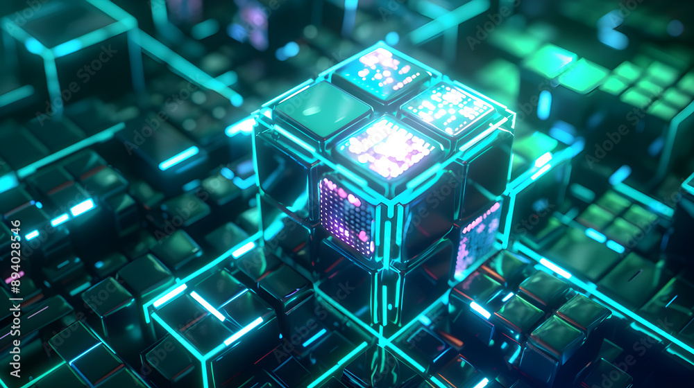 Wall mural a cube made of computer parts is lit up in neon colors. the image conveys a futuristic and technolog