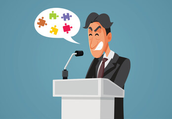 Man with Stage Fright and Puzzling Speech Vector Cartoon. Male leader having difficulties to express his thoughts in public 
