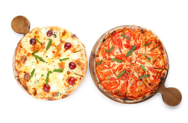 Wooden boards with different delicious pizzas on white background