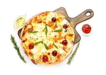 Wooden board with tasty pizza, gravy boat of oil and rosemary on white background