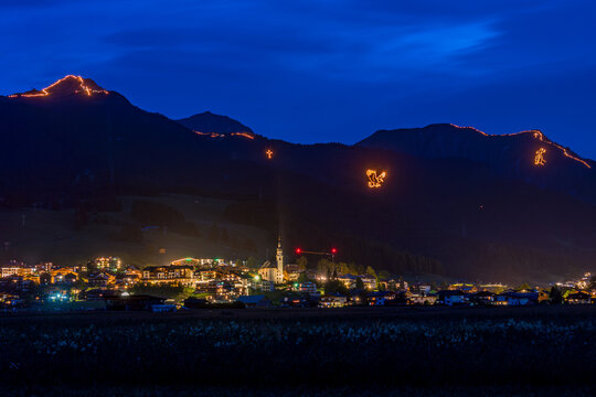 Traditional mountain bonfires for the summer solstice in the Tiroler Zugspitz Arena near Ehrwald