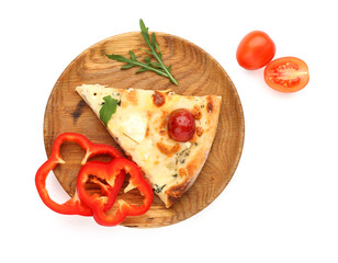 Wooden plate with piece of tasty pizza, arugula, and slices of bell pepper on white background