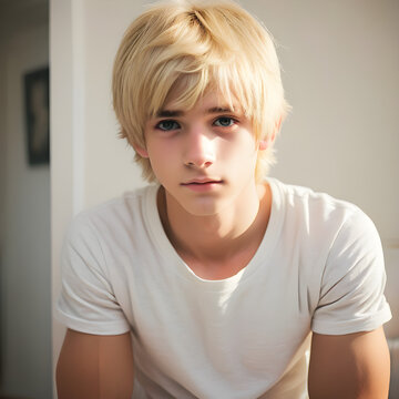 Un joven chico rubio que mira hacia el frente en una pose interesante