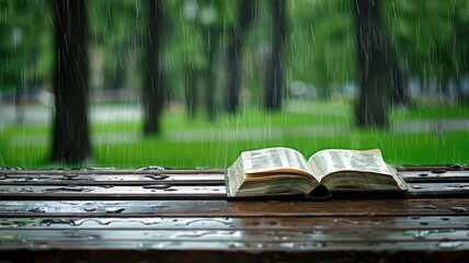 Open book on wet wooden bench in rain with forest background