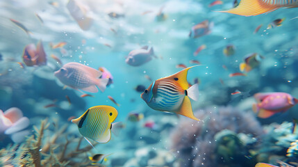 A colorful school of fish swimming in the ocean. The fish are of various colors and sizes, creating a vibrant and lively scene