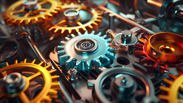 A close up of a collection of gears, some of which are yellow and some of which are red. The gears are all different sizes and shapes, and they are all connected to each other in a complex network