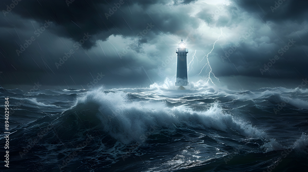 Wall mural a lighthouse is shown in the middle of a stormy sea. the waves are crashing against the rocks and th