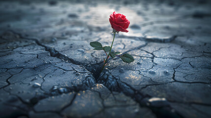 A single red rose is growing in the middle of a rocky, cracked ground. Concept of resilience and hope, as the rose continues to grow despite the harsh environment