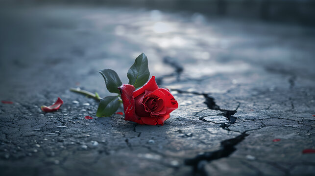A red rose is laying on the ground in front of a crack in the pavement. Concept of sadness and loss, as the rose has fallen and is now lying on the ground