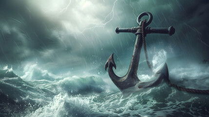 A stormy sea with a shipwrecked anchor. The anchor is upside down and is being pulled by the waves. Scene is one of danger and chaos, as the anchor is being tossed around by the rough waters