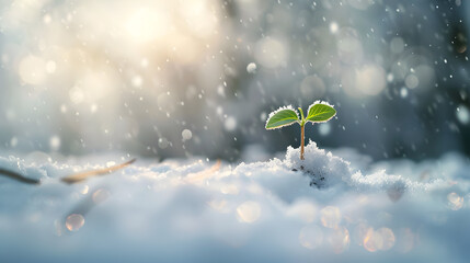 A small plant is growing in the snow. Concept of hope and resilience, as the plant continues to grow despite the harsh winter conditions