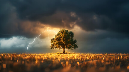 A tree is standing in a field with a storm in the background. The sky is dark and cloudy, and there is a lightning bolt in the sky. Scene is ominous and foreboding