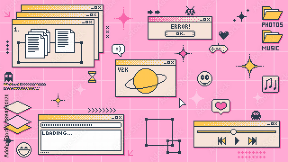 Aufkleber Y2K computer window page and retro interface of PC screen, vector background. 8 bit pixel art and retro 90s Y2K computer display windows, internet browser tabs with loading bar and music media player