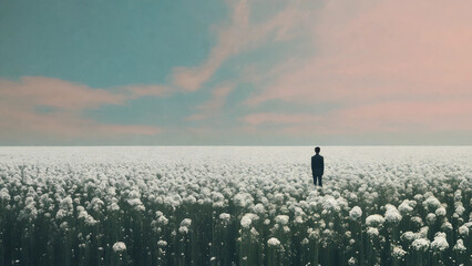 Lonely dreamer in a field of dreams, minimalism, 16:9, 300 dpi, with space for text