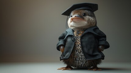 A humorous graduate hedgehog wearing a cap and gown, symbolizing achievement and education in a playful style.