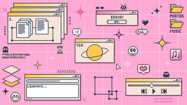 Y2K computer window page and retro interface of PC screen, vector background. 8 bit pixel art and retro 90s Y2K computer display windows, internet browser tabs with loading bar and music media player