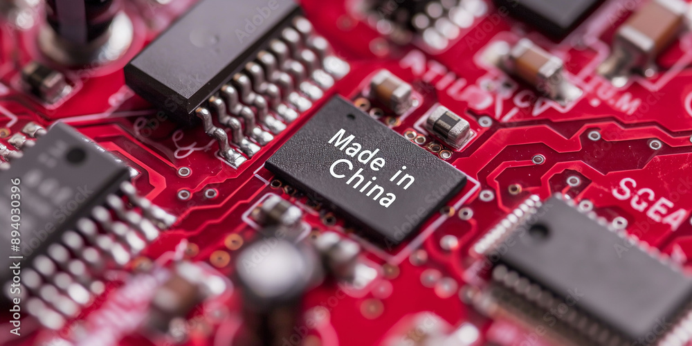 Poster Red printed circuit board showing microchip made in china