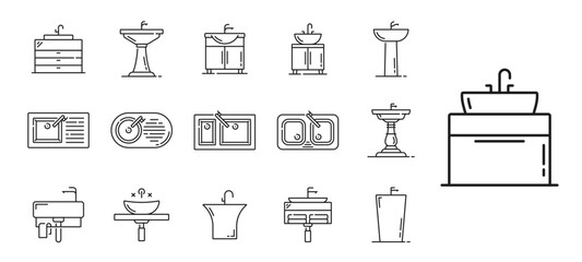 Kitchen sinks and bathroom basins line icons of bath furniture, vector symbols. Bathroom and kitchen sinks with faucet or water taps on cabinet or bath countertop with ceramic bowl and wash basin