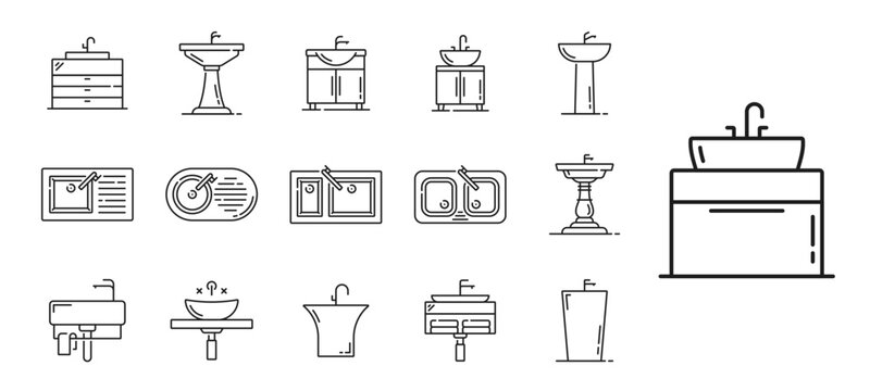 Kitchen sinks and bathroom basins line icons of bath furniture, vector symbols. Bathroom and kitchen sinks with faucet or water taps on cabinet or bath countertop with ceramic bowl and wash basin